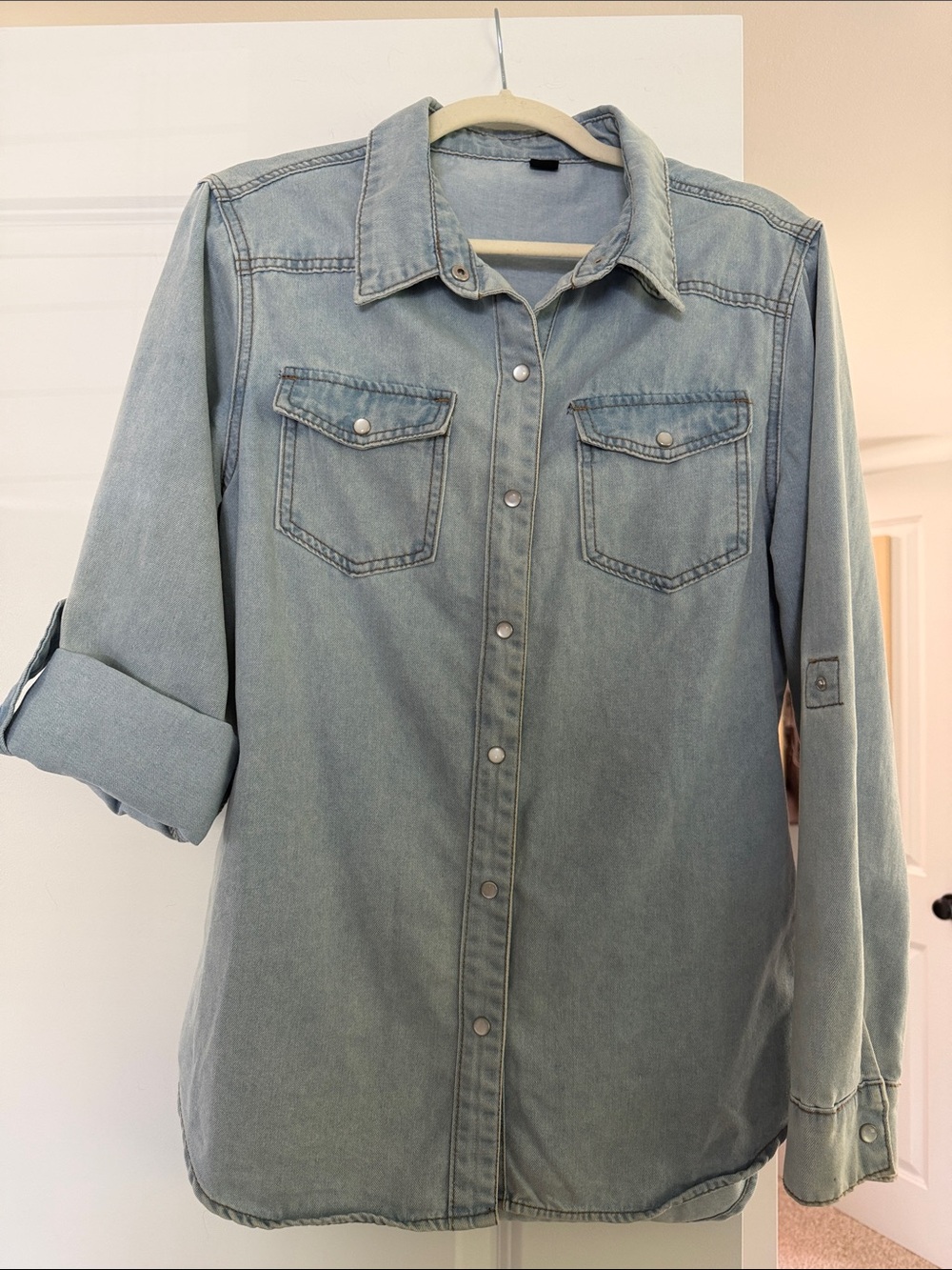 Light Wash Denim Button-Up Shirt - Shacket